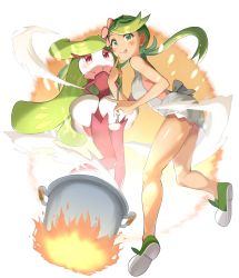 Rule 34 | 1girl, :p, commentary request, creatures (company), dark-skinned female, dark skin, etyaduke, fire, full body, game freak, gen 7 pokemon, green eyes, green footwear, green hair, highres, holding, holding ladle, ladle, legs, long hair, looking at viewer, mallow (pokemon), nintendo, pokemon, pokemon (creature), pokemon sm, pot, sleeveless, tongue, tongue out, tsareena, twintails