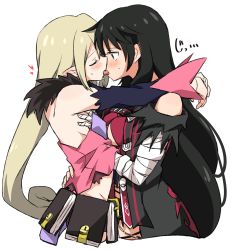 Rule 34 | 2girls, bandages, bandaged arm, bandages, black hair, blonde hair, blush, grabbing another&#039;s breast, breasts, ear blush, closed eyes, french kiss, fur trim, grabbing, hand under clothes, heart, highres, kiss, long hair, looking at another, magilou (tales), medium breasts, mizin kosutin, multiple girls, pointy ears, simple background, small breasts, tales of (series), tales of berseria, tongue, tongue out, underwear, velvet crowe, white background, yuri