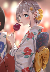 Rule 34 | 2girls, :p, aqua eyes, blurry, blurry background, blush, commentary request, floral print, flower, food, grey hair, hair flower, hair ornament, hairclip, hand fan, holding, holding food, japanese clothes, jonsun, kimono, long sleeves, looking at viewer, multiple girls, original, riku (jonsun), short hair, solo focus, tongue, tongue out, white flower, white kimono, yellow flower