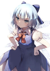 Rule 34 | 1girl, blue bow, blue dress, blue eyes, blue hair, bow, bowtie, breasts, cirno, closed mouth, collared shirt, dot mouth, dress, fairy, hair between eyes, hair bow, hands on own hips, highres, ice, ice wings, medium hair, natsume suzuri, pinafore dress, puffy short sleeves, puffy sleeves, red bow, red bowtie, shirt, short sleeves, simple background, sleeveless, sleeveless dress, small breasts, solo, touhou, white background, white shirt, wings