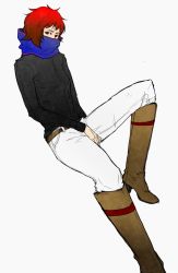 Rule 34 | 1girl, 7 (nnnnnnnk), adapted costume, belt, boots, brown footwear, contemporary, empty eyes, knee boots, long sleeves, no hair bow, pants, red eyes, red hair, sekibanki, short hair, simple background, sitting, solo, touhou, very short hair, white pants