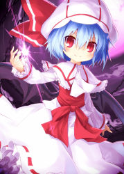 Rule 34 | 1girl, ayakashi (monkeypanch), bad id, bad pixiv id, bat wings, blue hair, blush, capelet, curiosities of lotus asia, dress, female focus, hat, hat ribbon, highres, looking at viewer, red eyes, remilia scarlet, ribbon, smile, solo, touhou, wings