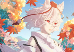 Rule 34 | 1girl, absurdres, animal ear fluff, animal ears, autumn leaves, blue sky, commentary request, day, detached sleeves, expressionless, hair between eyes, hair blowing, hat, highres, inubashiri momiji, kawayabug, leaf, lips, looking to the side, maple leaf, mountain, outdoors, pom pom (clothes), red eyes, red hat, shirt, short hair, sky, solo, standing, tokin hat, touhou, upper body, white hair, white shirt, wind, wind lift, wolf ears