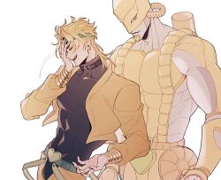 Rule 34 | 1boy, black leotard, black nails, blonde hair, bracelet, closed eyes, commentary, crotchless, crotchless pants, dio brando, fangs, hako iix07, hand on own face, headband, heart, jacket, jewelry, jojo no kimyou na bouken, laughing, leotard, long hair, long sleeves, male focus, muscular, muscular male, pants, red eyes, smile, stand (jojo), stardust crusaders, teeth, the world, vampire, white background, yellow jacket, yellow pants