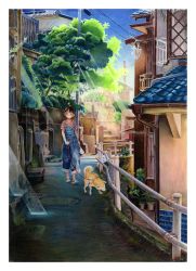Rule 34 | 1girl, absurdres, bad id, bad twitter id, bicycle, blue sky, border, brown eyes, brown hair, building, fence, highres, light rays, nekojarashi (yuuga), original, outdoors, overalls, pet walking, plant, potted plant, power lines, red footwear, shiba inu, shirt, shoes, short hair, short sleeves, sky, solo, stairs, striped clothes, striped shirt, sunbeam, sunlight, tree, white border