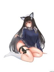 Rule 34 | 1girl, absurdres, animal ears, artist name, black hair, blue shirt, blush, closed mouth, clothes lift, cozie178, girls&#039; frontline, grey scarf, grey skirt, hair between eyes, hand on floor, highres, long hair, looking at viewer, no shoes, official alternate costume, on floor, scarf, school uniform, shirt, skirt, skirt lift, smile, socks, solo, type 95 (girls&#039; frontline), type 95 (pure white graduation) (girls&#039; frontline), white background, white socks, yellow eyes
