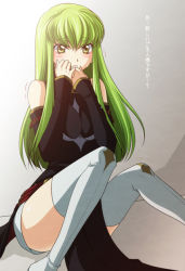 Rule 34 | 00s, boots, c.c., code geass, detached sleeves, green hair, jyuru, long hair, sitting, solo, spoilers, thigh boots, thighhighs, translated, yellow eyes
