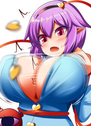 Rule 34 | 1girl, alternate breast size, blouse, blue shirt, breasts, bursting breasts, buttons, eyeball, frilled shirt collar, frills, gero zoukin, heart button, highres, huge breasts, komeiji satori, open mouth, pink eyes, pink hair, pointy ears, ribbon trim, shirt, short hair, simple background, solo, touhou, white background