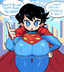Rule 34 | 1girl, bodysuit, breasts, cape, clara kent, dc comics, genderswap, genderswap (mtf), highres, hiryou man (crap-man), large breasts, speech bubble, standing, superman, superwoman