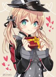 Rule 34 | 10s, 1girl, anchor hair ornament, aqua eyes, blonde hair, box, gift, gift box, hair ornament, hat, heart, kantai collection, long sleeves, military, military uniform, peaked cap, prinz eugen (kancolle), shijima (sjmr02), smile, solo, twintails, twitter username, uniform, valentine