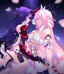 Rule 34 | 2girls, arm support, armor, blush, breasts, closed mouth, dress, elysia (herrscher of human: ego) (honkai impact), elysia (honkai impact), eye contact, gauntlets, gloves, hair ornament, highres, honkai (series), honkai impact 3rd, horns, long hair, looking at another, multiple girls, pink hair, pointy ears, purple eyes, purple hair, raiden mei, raiden mei (herrscher of thunder), senouzzz, single gauntlet, sitting, smile, thighhighs, thighs, very long hair, yuri