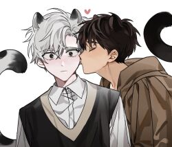 Rule 34 | 1blgs, 2boys, aged down, animal ears, black eyes, brown hair, brown hoodie, cat boy, cat ears, cat tail, child, closed eyes, collared shirt, hair between eyes, highres, hood, hoodie, ilay riegrow, jeong taeui, male focus, multiple boys, passion (manhwa), shirt, short hair, simple background, snow leopard tail, surprised, sweater vest, tail, tan, upper body, white background, white hair, white shirt, yaoi