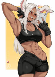 Rule 34 | 1girl, abs, absurdres, almualim, anger vein, animal ears, arm up, armpits, bare shoulders, bike shorts, black choker, black gloves, black shorts, black sports bra, blush, boku no hero academia, border, breasts, camera flash, cellphone, choker, cleavage, collarbone, dark-skinned female, dark skin, fingerless gloves, gloves, highres, holding, holding phone, large breasts, long eyelashes, long hair, looking at phone, mirko, navel, nike (company), open mouth, parted bangs, patreon username, phone, rabbit ears, rabbit girl, red eyes, selfie, short shorts, shorts, signature, smartphone, solo, sports bra, stomach, sweat, tan, tanline, teeth, thighs, toned, upper teeth only, white border, white hair, yellow background