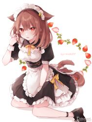 Rule 34 | 1girl, animal ears, apron, between legs, black dress, black footwear, bow, breasts, brown hair, cat ears, cat girl, cat tail, commentary request, commission, dress, english text, flower, food, frilled apron, frills, fruit, fukunoki tokuwa, hair between eyes, hand between legs, hand up, highres, looking at viewer, maid, medium breasts, open mouth, original, puffy short sleeves, puffy sleeves, red eyes, shoes, short sleeves, simple background, sitting, skeb commission, solo, strawberry, tail, watermark, white apron, white background, white flower, wrist cuffs, yellow bow, yokozuwari