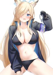 Rule 34 | 1girl, absurdres, animal ears, bikini, black bikini, black gloves, black jacket, blonde hair, blue archive, blue eyes, blush, breasts, cuffs, gloves, handcuffs, highres, holding, holding handcuffs, jacket, kanna (blue archive), large breasts, long hair, long sleeves, looking at viewer, navel, open clothes, open jacket, open mouth, sharp teeth, simple background, sitting, solo, stomach, straight-on, swimsuit, teeth, thighs, very long hair, white background, yahan (mctr5253)