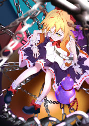 Rule 34 | 1girl, absurdres, black footwear, blonde hair, bow, breasts, chain, cuffs, from above, gourd, hair bow, highres, horn ornament, horn ribbon, horns, ibuki suika, long hair, looking at viewer, mizoreshi, oni, orb, red bow, ribbon, shackles, shirt, sitting, skirt, sleeveless, sleeveless shirt, socks, solo, touhou, upturned eyes, white shirt, white socks, yellow eyes