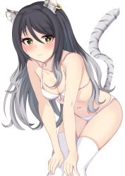 Rule 34 | 1girl, animal ear fluff, animal ears, bare shoulders, bikini, black hair, blush, breasts, cat ears, cat tail, cleavage, closed mouth, collarbone, commentary request, cowboy shot, earrings, front-tie bikini top, front-tie top, gradient hair, grey hair, hair between eyes, highres, jewelry, leaning forward, long hair, looking at viewer, midriff, multicolored hair, nanao (naoekaki25), navel, princess connect!, shiori (princess connect!), sidelocks, simple background, single earring, skindentation, small breasts, smile, solo, standing, striped tail, swimsuit, tail, thighhighs, tiger ears, tiger tail, white background, white bikini, white thighhighs, yellow eyes