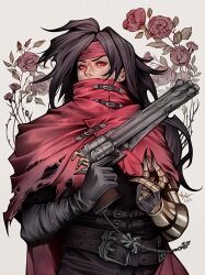 Rule 34 | 1boy, arm armor, armor, asymmetrical armor, belt, belt buckle, black gloves, black hair, buckle, bullet, cape, chain, commentary, earrings, english commentary, facing viewer, final fantasy, final fantasy vii, floral background, flower, gloves, grey background, gun, headband, holding, holding bullet, holding gun, holding weapon, jewelry, long hair, male focus, multiple belts, pink flower, red cape, red eyes, red headband, solo, stud earrings, tholia bentz, thorns, torn cape, torn clothes, upper body, vincent valentine, weapon