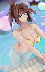 Rule 34 | 1girl, bare legs, bare shoulders, bikini, blue eyes, breasts, brown hair, cleavage, closed mouth, from above, groin, high ponytail, highres, large breasts, legs, looking at viewer, mazaki anzu, multicolored hair, muto yugi, navel, partially submerged, pool, smile, steam, swimming, swimsuit, thighs, two-tone hair, water, wet, yone-chan (kuwm5222), yu-gi-oh!, yu-gi-oh! duel monsters