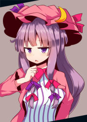 Rule 34 | 1girl, beni shake, breasts, coat, comic lo, coughing, crescent, dress, female focus, hair ribbon, hat, large breasts, long hair, long sleeves, looking at viewer, mob cap, open clothes, open coat, open mouth, patchouli knowledge, purple eyes, purple hair, ribbon, simple background, solo, striped clothes, striped dress, touhou, tress ribbon, tsurime, very long hair