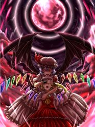 Rule 34 | &gt;:d, 2girls, :d, adapted costume, ascot, bat wings, blonde hair, blood, bloody tears, blue hair, covering another&#039;s eyes, covering own eyes, crystal, dress, fang, flandre scarlet, frilled shirt collar, frills, full moon, futagojima, hat, hat ribbon, laevatein, layered dress, looking at viewer, mob cap, moon, moonlight, multiple girls, open mouth, puffy short sleeves, puffy sleeves, red eyes, red moon, red ribbon, remilia scarlet, ribbon, short hair, short sleeves, siblings, sisters, smile, touhou, v-shaped eyebrows, wings, wrist cuffs