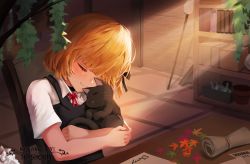 Rule 34 | 1girl, absurdres, animal, animal hug, autumn leaves, bad id, bad pixiv id, black cat, black choker, black dress, blonde hair, blurry, blurry background, book, bookshelf, bow, cat, chair, choker, closed eyes, closed mouth, collared shirt, commentary request, day, depth of field, dokomon, dress, flask, head tilt, highres, indoors, korean commentary, on chair, original, parchment, red bow, round-bottom flask, shirt, short sleeves, sitting, sleeveless, sleeveless dress, smile, solo, sunlight, white shirt