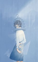 Rule 34 | 1girl, animated, animated gif, artist name, blue theme, cage, daisy, falling petals, flower, highres, holding, holding flower, maoi, non-repeating animation, original, petals, short hair, solo
