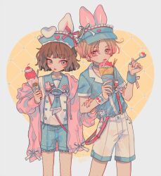 Rule 34 | 1boy, 1girl, 382, :p, animal ears, badge, blue eyes, blue shirt, blue shorts, blunt bangs, bob cut, brown hair, cherry, choker, commentary request, crepe, dripping, fishnet pantyhose, fishnets, food, fruit, grey background, hand on another&#039;s arm, hat, heart, heart print, holding, holding food, holding ice cream, holding spoon, hood, ice cream, ice cream cone, jacket, long sleeves, looking at viewer, mole, mole on leg, mole under mouth, multicolored nails, open mouth, original, pantyhose, pastel colors, pink eyes, pink hair, pink jacket, pink nails, polka dot, polka dot shirt, rabbit charm, rabbit ears, rabbit ornament, sailor collar, shirt, short hair, short sleeves, shorts, spoon, standing, strawberry, strawberry slice, suspenders, tongue, tongue out, two-tone background, wrist cuffs, yellow background
