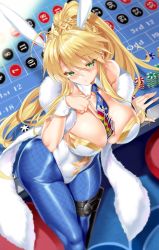 Rule 34 | 1girl, animal ears, artoria pendragon (all), artoria pendragon (fate), artoria pendragon (lancer) (fate), artoria pendragon (swimsuit ruler) (fate), bare shoulders, between breasts, blonde hair, blue pantyhose, blush, breasts, card, casino card table, cle masahiro, cleavage, detached collar, fake animal ears, fate/grand order, fate (series), feather boa, fishnets, green eyes, hair between eyes, head tilt, highres, indoors, large breasts, leotard, long hair, looking at viewer, necktie, pantyhose, parted lips, playboy bunny, playing card, ponytail, rabbit ears, roulette table, sidelocks, solo, table, thigh strap, white leotard, wrist cuffs