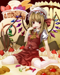 Rule 34 | 1girl, blonde hair, blouse, cake, candy, collared shirt, cookie, eating, embodiment of scarlet devil, female focus, flandre scarlet, food, fruit, full body, hat, highres, ice cream, icing, in food, jelly bean, mob cap, orange (fruit), orange slice, ponytail, red eyes, shirt, short hair, side ponytail, sitting, solo, strawberry, thighhighs, thumbprint cookie, touhou, unasaka ryou, white shirt, white thighhighs, wings