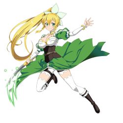 Rule 34 | 1girl, black footwear, blonde hair, boots, bracelet, braid, breasts, bustier, choker, cleavage, closed mouth, detached sleeves, floating hair, full body, green eyes, green skirt, hair between eyes, hair ornament, high ponytail, highres, holding, holding sword, holding weapon, jewelry, large breasts, leafa, leg up, long hair, long sleeves, looking at viewer, official art, outstretched arms, outstretched hand, short shorts, shorts, skirt, smile, solo, sword, sword art online, thighhighs, thighhighs under boots, thighs, transparent background, twin braids, very long hair, weapon, white shorts, white sleeves, white thighhighs
