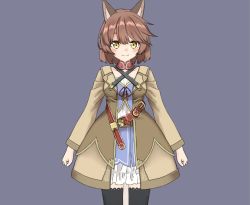 Rule 34 | 1girl, amane rosylily, animal ear fluff, animal ears, belt, black thighhighs, blush, breasts, brown hair, brown jacket, closed mouth, commentary request, criss-cross halter, dress, fox ears, fox girl, fox tail, grey background, hair between eyes, halterneck, jacket, long sleeves, looking at viewer, open clothes, open jacket, original, red belt, sekira ame, short hair, simple background, small breasts, smile, solo, tail, thighhighs, white dress, yellow eyes