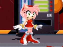 Rule 34 | 1girl, amy rose, animated, animated gif, blowing kiss, boots, dress, gloves, green eyes, looking at viewer, lowres, mobian (species), one eye closed, pink hair, pixel art, project x, red dress, sonic (series), wink