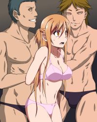 Rule 34 | 10s, 1girl, 2boys, arm grab, arms behind back, asuna (sao), bra, breasts, cleavage, forced, group sex, highres, imminent rape, large breasts, legs, long hair, looking away, multiple boys, navel, orange eyes, orange hair, panties, pink bra, pink panties, puge, rape, restrained, scared, simple background, smile, standing, sword art online, thighs, turn pale, underwear, wide-eyed