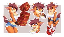 Rule 34 | 1girl, animal ears, animal nose, artist name, asymmetrical hair, bare shoulders, black gloves, blue shorts, body fur, border, box, breasts, brown hair, cleavage, clenched teeth, constricted pupils, cowboy shot, crash bandicoot, crash bandicoot (series), crop top, cropped legs, cropped torso, drooling, english text, explosive, female focus, fingerless gloves, from side, full body, furry, furry female, genderswap, genderswap (mtf), gloves, green eyes, grey background, grey outline, grin, hair between eyes, happy, heart, holding, holding box, kneehighs, large breasts, leaning forward, looking to the side, looking up, midriff, multiple views, navel, nervous, one eye closed, orange fur, outside border, pigeon-toed, red footwear, saliva, sharp teeth, shirt, shoes, short hair, short shorts, shorts, simple background, sleeveless, sleeveless shirt, smile, snout, socks, standing, stomach, sweat, tail, teeth, teranen, thighs, tnt, tongue, tongue out, twitter username, two-tone fur, upper body, watermark, white border, white shirt, white socks, wide-eyed, wink, wooden box, yellow fur