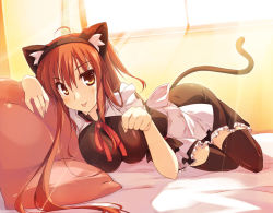 Rule 34 | 1girl, :p, animal ears, asymmetrical hair, bed, bed sheet, black thighhighs, blush, breasts, brown eyes, brown hair, cat ears, cat tail, light rays, looking at viewer, lying, maid, nanakase yui, nekonade distortion, pillow, solo, sunbeam, sunlight, t-ray, tail, thighhighs, tongue, tongue out, window