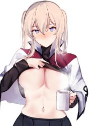 Rule 34 | 1girl, bad id, bad twitter id, black shirt, black skirt, blonde hair, breasts, capelet, clothes lift, coffee mug, cup, graf zeppelin (kancolle), grey eyes, hair between eyes, highres, holding, holding cup, kantai collection, large breasts, lifting own clothes, long hair, long sleeves, looking at viewer, military, military uniform, miyasaka miyabi, mug, shirt, shirt lift, sidelocks, simple background, skirt, solo, tsurime, twintails, underboob, uniform, upper body, white background