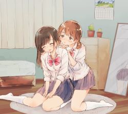 Rule 34 | 2girls, bedroom, blue skirt, blush, bow, bowtie, brown eyes, brown hair, cactus, calendar, curtains, ear cleaning, hand on another&#039;s shoulder, hands on lap, kneehighs, kneeling, long hair, mimikaki, miniskirt, mirror, multiple girls, no shoes, original, plant, pleated skirt, potted plant, red neckwear, shirt, sitting, skirt, socks, syou (endemic species), twintails, white legwear, white shirt, yuri