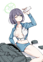 Rule 34 | 1girl, blue archive, blush, breasts, closed mouth, collarbone, green eyes, green halo, halo, highres, jacket, large breasts, long sleeves, navel, official alternate costume, one eye closed, open clothes, open jacket, purple hair, raglan sleeves, rash guard, saki (blue archive), saki (swimsuit) (blue archive), short hair, simple background, sin seishun, solo, white background