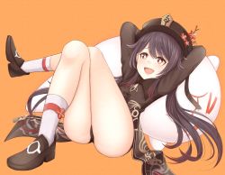 &gt; &lt;, 1girl, ass, atorie, blush, brown eyes, brown hair, chinese clothes, genshin impact, ghost, hat, highres, hu tao, jacket, legs, legs crossed, long hair, looking at viewer, open mouth, orange background, shiny, shiny hair, shiny skin, short shorts, shorts, smile, twintails, very long hair