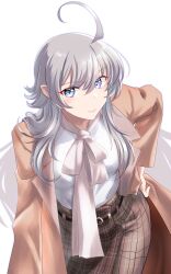 Rule 34 | 1girl, absurdres, ahoge, alternate costume, ascot, brown coat, brown skirt, coat, collared shirt, commentary request, dress shirt, grey eyes, grey hair, highres, kantai collection, leaning forward, long hair, plaid, plaid skirt, shirt, simple background, skirt, solo, tsukasa (tukasa br), washington (kancolle), white ascot, white background, white shirt