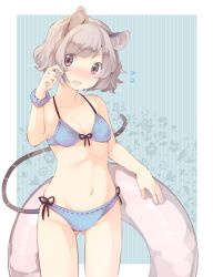 Rule 34 | 1girl, akagashi hagane, animal ears, bikini, black ribbon, blue bikini, blush, breasts, cleavage, collarbone, cowboy shot, embarrassed, floral background, flower, flying sweatdrops, grey hair, groin, hand in own hair, holding, holding hair, innertube, mouse ears, mouse tail, navel, nazrin, open mouth, outside border, pink eyes, ribbon, scrunchie, short hair, small breasts, solo, swim ring, swimsuit, tail, touhou