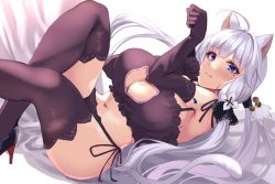 Rule 34 | 1girl, :3, alternate costume, animal ears, azur lane, black footwear, black ribbon, blue eyes, blue gemstone, bra, breasts, cat cutout, cat lingerie, cleavage, cleavage cutout, clothing cutout, elbow gloves, feet out of frame, frilled bra, frills, from side, gem, gloves, hair ribbon, high heels, illustrious (azur lane), large breasts, long hair, looking at viewer, lying, meme attire, on back, panties, paw pose, purple bra, purple gloves, purple panties, purple thighhighs, ribbon, side-tie panties, simple background, solo, tail, thighhighs, underwear, very long hair, wee (weeyy), white background, white hair