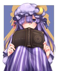 Rule 34 | 13 (spice!!), 1girl, bad id, bad pixiv id, blue ribbon, blunt bangs, book, covering own mouth, crescent, crescent hair ornament, dress, hair ornament, hair over one eye, hat, hat ribbon, holding, holding book, long hair, looking at viewer, mob cap, panties, patchouli knowledge, purple eyes, purple hair, purple hat, red ribbon, ribbon, sitting, solo, striped clothes, striped dress, touhou, underwear