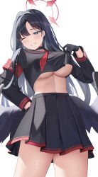 Rule 34 | 1girl, absurdres, armband, black choker, black gloves, black hair, black sailor collar, black serafuku, black skirt, black wings, blue archive, breasts, choker, commentary, cropped shirt, feathered wings, gloves, grey eyes, halo, hatae0226 (hty), highres, ichika (blue archive), large breasts, long hair, long sleeves, looking at viewer, low wings, navel, no bra, one eye closed, parted bangs, red armband, red halo, sailor collar, school uniform, serafuku, simple background, skirt, smile, solo, sweat, underboob, white background, wings