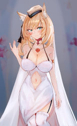 Rule 34 | 1girl, absurdres, animal ears, arknights, bare shoulders, blonde hair, blue eyes, blush, breasts, cleavage, clothing cutout, elsi, garter straps, hat, highres, horse ears, large breasts, long hair, looking at viewer, navel, navel cutout, smile, solo, thighhighs, veil, whislash (arknights), white thighhighs