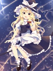 Rule 34 | 1girl, :d, apron, arm up, black footwear, black vest, blonde hair, blush, bobby socks, bow, broom, broom riding, commentary request, dated, fang, frilled apron, frills, hair ribbon, hat, hat bow, highres, holding, kirisame marisa, kisamu (ksmz), long hair, looking at viewer, mary janes, mini-hakkero, open mouth, puffy short sleeves, puffy sleeves, red ribbon, ribbon, shoes, short sleeves, signature, skin fang, skirt, skirt set, smile, socks, solo, star (symbol), touhou, tress ribbon, turtleneck, vest, white apron, white socks, witch hat, yellow eyes