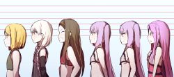 Rule 34 | 10s, 6+girls, :d, bad id, bad pixiv id, bare shoulders, black gloves, blonde hair, blue background, blush, bra, brown hair, brown hairband, bust chart, chacha (fate), closed eyes, closed mouth, crop top, elbow gloves, euryale (fate), fate/extra, fate/grand order, fate (series), flat chest, gloves, green shirt, grin, hairband, hand on own chest, highres, lingerie, long hair, low twintails, medusa (fate), medusa (lancer) (fate), medusa (lancer) (final ascension) (fate), medusa (rider) (fate), multiple girls, negligee, nursery rhyme (fate), open mouth, paul bunyan (fate), pink eyes, profile, purple eyes, purple hair, red bra, rider, shirt, short hair, siblings, silver hair, sisters, sketch, smile, stheno (fate), twins, twintails, underwear, very long hair, wada kazu, white bra, yellow eyes