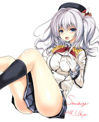 Rule 34 | 10s, 1girl, 2016, artist name, beret, black socks, blue eyes, breasts, dated, epaulettes, female focus, gloves, grey eyes, hands on own chest, hat, kantai collection, kashima (kancolle), kneehighs, large breasts, looking at viewer, military, military uniform, miniskirt, open mouth, pleated skirt, silver hair, simple background, sitting, skirt, socks, solo, sumisuzu, twintails, uniform, wavy hair, white background, white gloves
