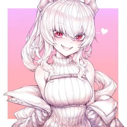 Rule 34 | 1girl, bare shoulders, breasts, colored skin, copyright request, fangs, heart, highres, jacket, kupa (jesterwii), long hair, looking at viewer, medium breasts, open mouth, ponytail, red eyes, smile, solo, sweater, teeth, turtleneck, turtleneck sweater, virtual youtuber, white skin